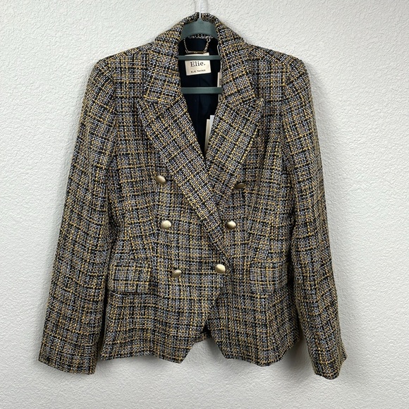 NWT ELIE Elie Tahari Black Mustard Tweed Double Breasted Blazer Sz 2 - Picture 1 of 12